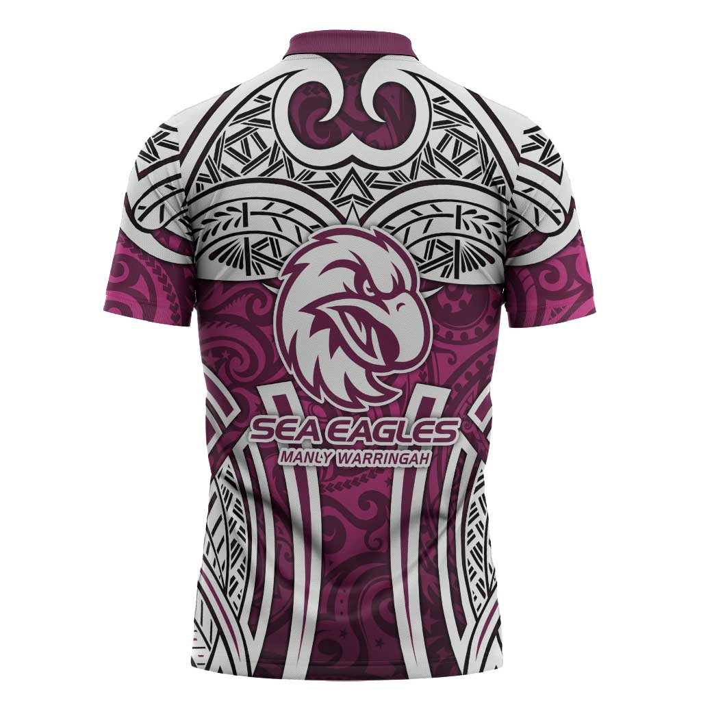 Manly Warringah Sea Eagles Rugby Zipper Polo Shirt Polynesian Tribal Eagle Warrior Maroon Pattern