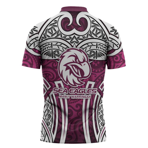 Manly Warringah Sea Eagles Rugby Zipper Polo Shirt Polynesian Tribal Eagle Warrior Maroon Pattern
