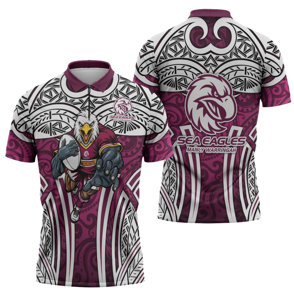 Manly Warringah Sea Eagles Rugby Zipper Polo Shirt Polynesian Tribal Eagle Warrior Maroon Pattern