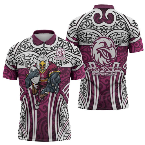 Manly Warringah Sea Eagles Rugby Zipper Polo Shirt Polynesian Tribal Eagle Warrior Maroon Pattern