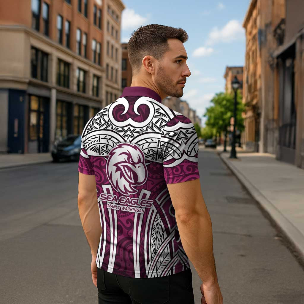 Manly Warringah Sea Eagles Rugby Zipper Polo Shirt Polynesian Tribal Eagle Warrior Maroon Pattern