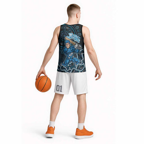 Adelaide Strikers Cricket Mascot Basketball Jersey Aboriginal Dot Art Blue And Black Tribal Pattern