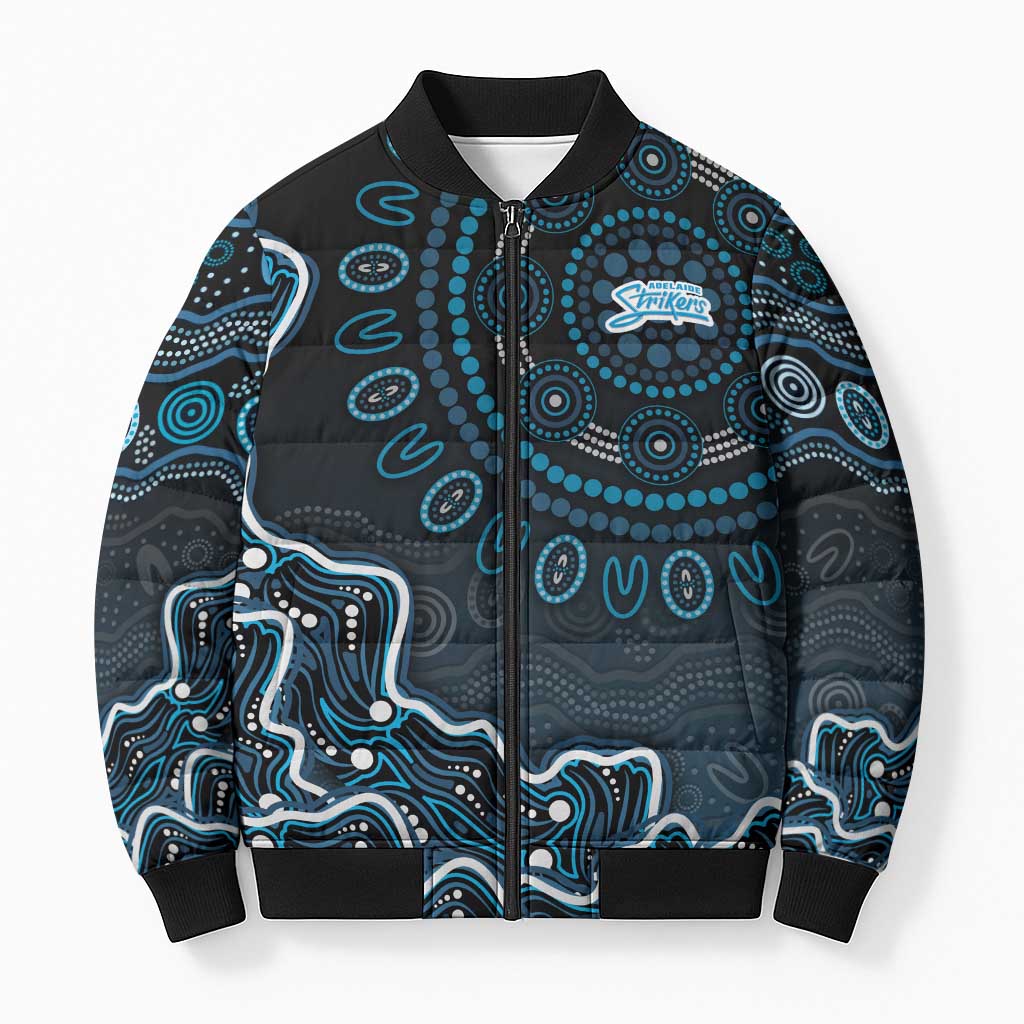 Adelaide Strikers Cricket Mascot Bomber Puffer Jacket Aboriginal Dot Art Blue And Black Tribal Pattern