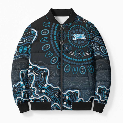 Adelaide Strikers Cricket Mascot Bomber Puffer Jacket Aboriginal Dot Art Blue And Black Tribal Pattern