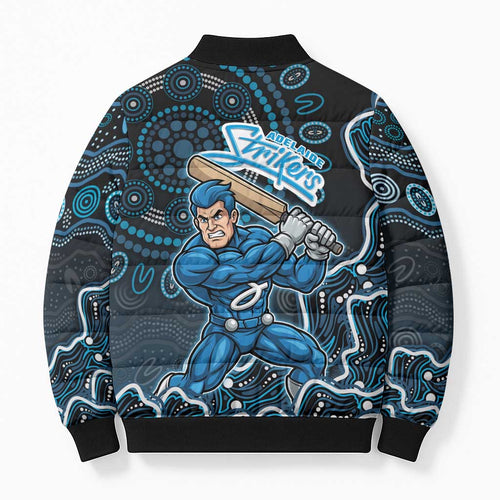 Adelaide Strikers Cricket Mascot Bomber Puffer Jacket Aboriginal Dot Art Blue And Black Tribal Pattern