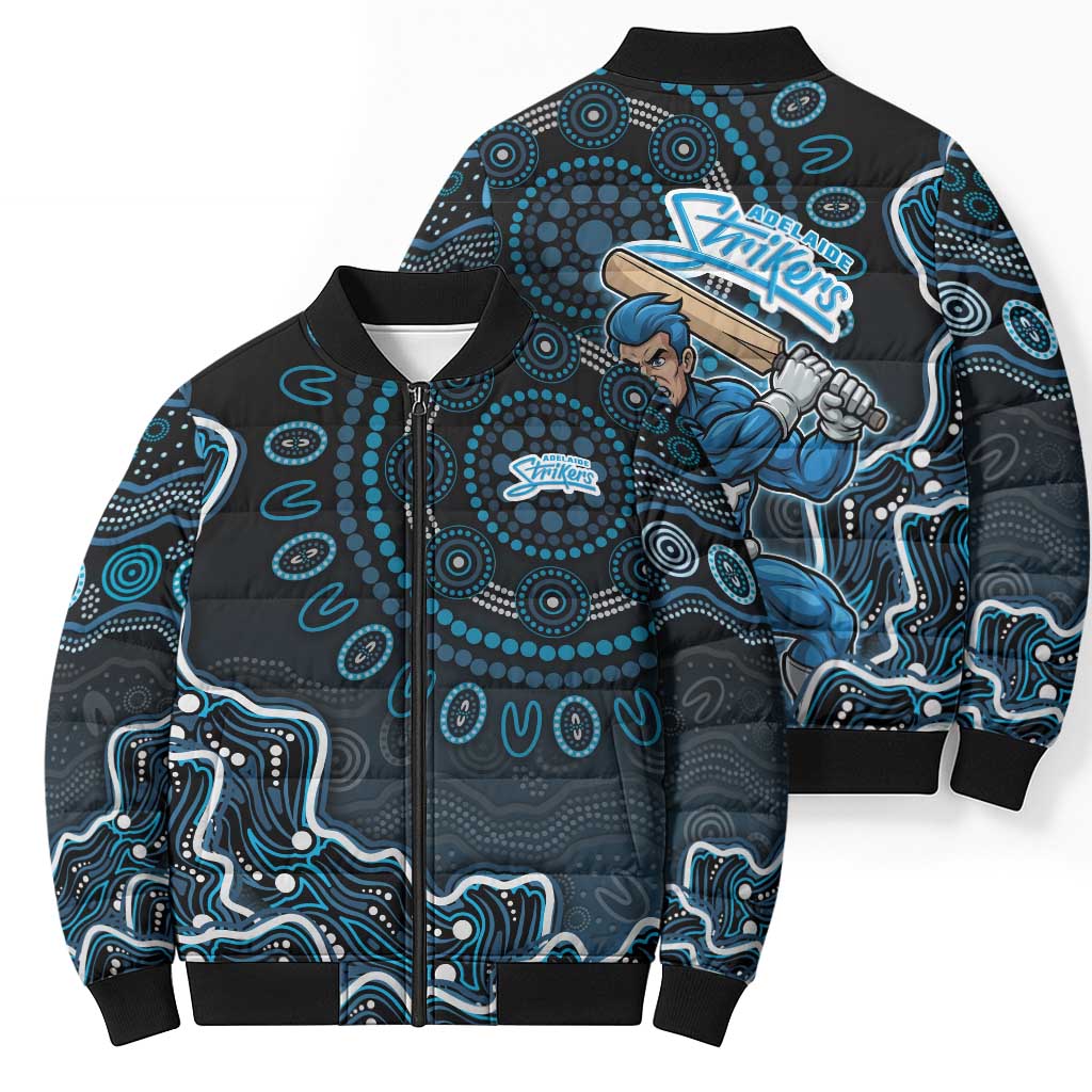 Adelaide Strikers Cricket Mascot Bomber Puffer Jacket Aboriginal Dot Art Blue And Black Tribal Pattern