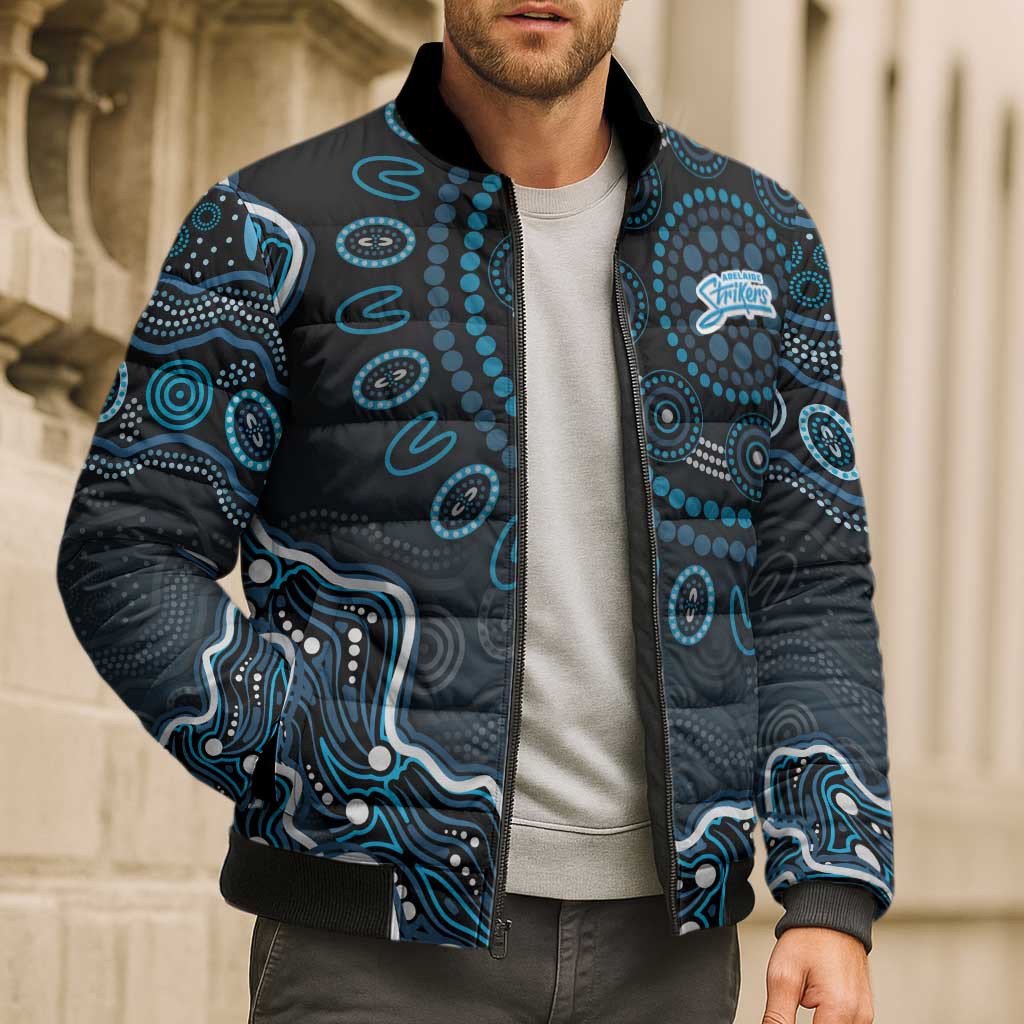 Adelaide Strikers Cricket Mascot Bomber Puffer Jacket Aboriginal Dot Art Blue And Black Tribal Pattern