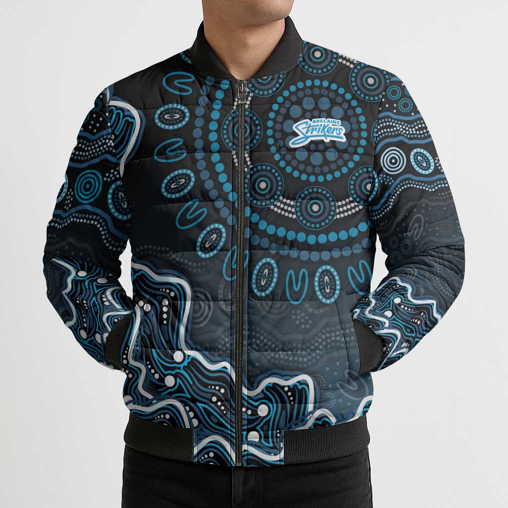 Adelaide Strikers Cricket Mascot Bomber Puffer Jacket Aboriginal Dot Art Blue And Black Tribal Pattern