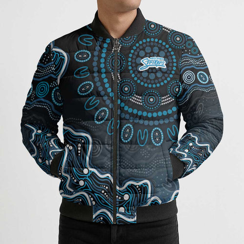 Adelaide Strikers Cricket Mascot Bomber Puffer Jacket Aboriginal Dot Art Blue And Black Tribal Pattern