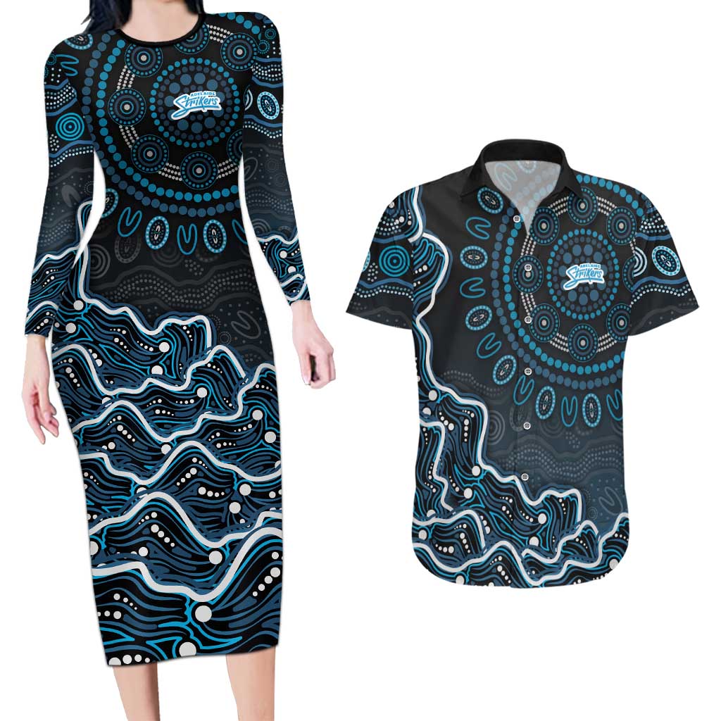 Adelaide Strikers Cricket Mascot Couples Matching Long Sleeve Bodycon Dress and Hawaiian Shirt Aboriginal Dot Art Blue And Black Tribal Pattern