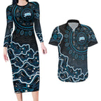 Adelaide Strikers Cricket Mascot Couples Matching Long Sleeve Bodycon Dress and Hawaiian Shirt Aboriginal Dot Art Blue And Black Tribal Pattern