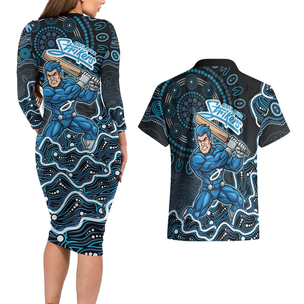 Adelaide Strikers Cricket Mascot Couples Matching Long Sleeve Bodycon Dress and Hawaiian Shirt Aboriginal Dot Art Blue And Black Tribal Pattern