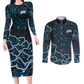 Adelaide Strikers Cricket Mascot Couples Matching Long Sleeve Bodycon Dress and Long Sleeve Button Shirt Aboriginal Dot Art Blue And Black Tribal Pattern