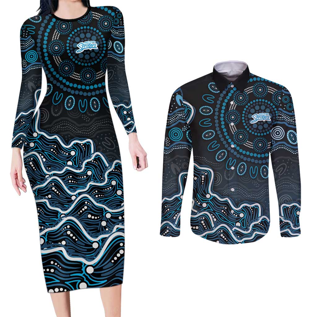 Adelaide Strikers Cricket Mascot Couples Matching Long Sleeve Bodycon Dress and Long Sleeve Button Shirt Aboriginal Dot Art Blue And Black Tribal Pattern
