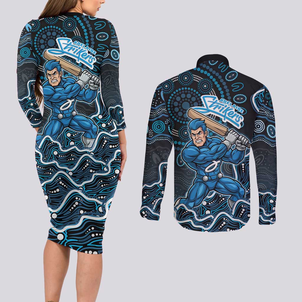 Adelaide Strikers Cricket Mascot Couples Matching Long Sleeve Bodycon Dress and Long Sleeve Button Shirt Aboriginal Dot Art Blue And Black Tribal Pattern