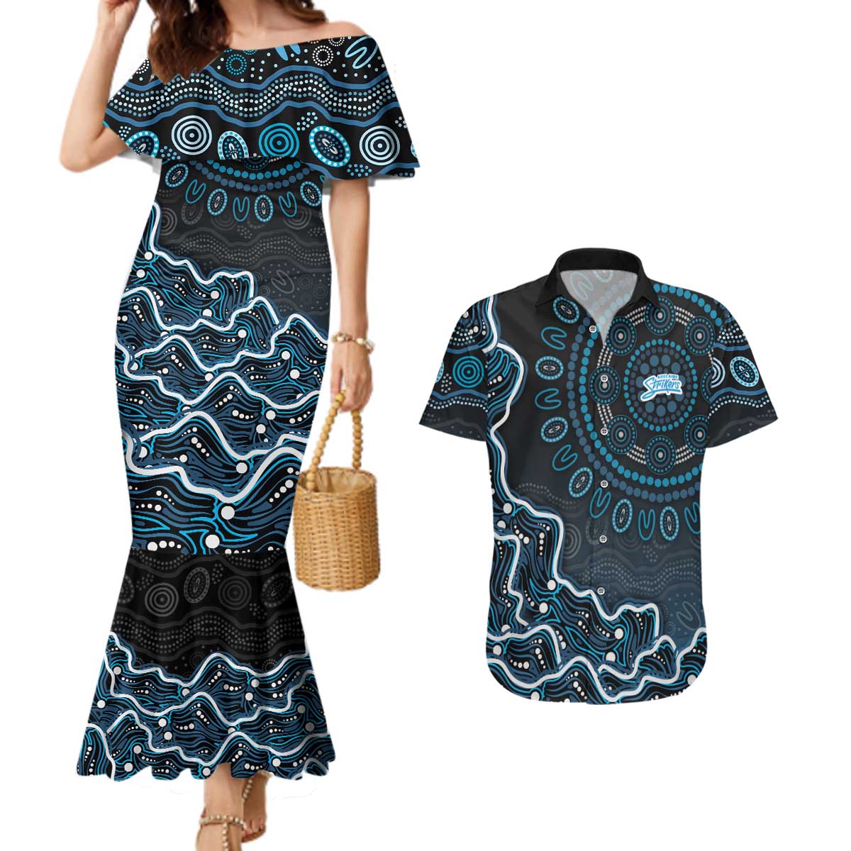 Adelaide Strikers Cricket Mascot Couples Matching Mermaid Dress and Hawaiian Shirt Aboriginal Dot Art Blue And Black Tribal Pattern