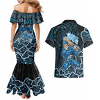 Adelaide Strikers Cricket Mascot Couples Matching Mermaid Dress and Hawaiian Shirt Aboriginal Dot Art Blue And Black Tribal Pattern