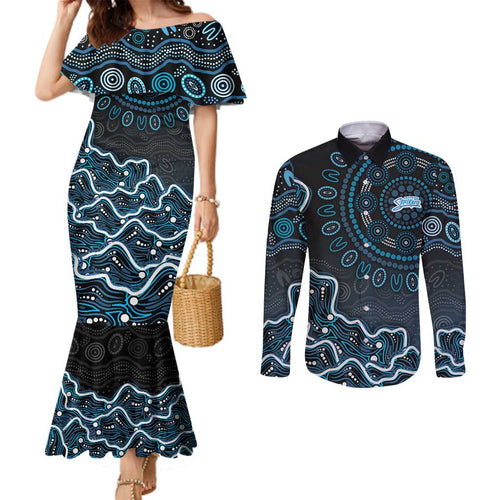 Adelaide Strikers Cricket Mascot Couples Matching Mermaid Dress and Long Sleeve Button Shirt Aboriginal Dot Art Blue And Black Tribal Pattern