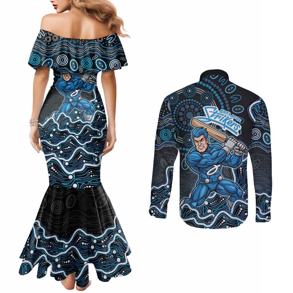 Adelaide Strikers Cricket Mascot Couples Matching Mermaid Dress and Long Sleeve Button Shirt Aboriginal Dot Art Blue And Black Tribal Pattern