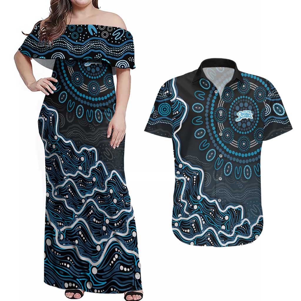 Adelaide Strikers Cricket Mascot Couples Matching Off Shoulder Maxi Dress and Hawaiian Shirt Aboriginal Dot Art Blue And Black Tribal Pattern