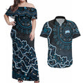 Adelaide Strikers Cricket Mascot Couples Matching Off Shoulder Maxi Dress and Hawaiian Shirt Aboriginal Dot Art Blue And Black Tribal Pattern