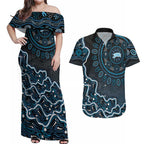 Adelaide Strikers Cricket Mascot Couples Matching Off Shoulder Maxi Dress and Hawaiian Shirt Aboriginal Dot Art Blue And Black Tribal Pattern