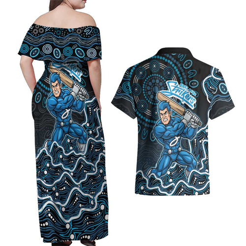 Adelaide Strikers Cricket Mascot Couples Matching Off Shoulder Maxi Dress and Hawaiian Shirt Aboriginal Dot Art Blue And Black Tribal Pattern
