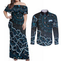 Adelaide Strikers Cricket Mascot Couples Matching Off Shoulder Maxi Dress and Long Sleeve Button Shirt Aboriginal Dot Art Blue And Black Tribal Pattern