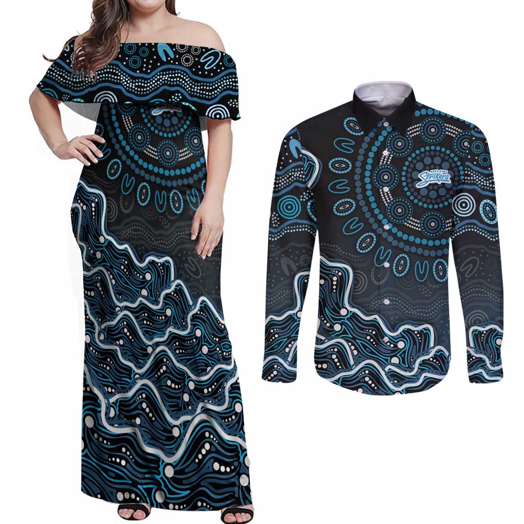 Adelaide Strikers Cricket Mascot Couples Matching Off Shoulder Maxi Dress and Long Sleeve Button Shirt Aboriginal Dot Art Blue And Black Tribal Pattern