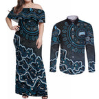 Adelaide Strikers Cricket Mascot Couples Matching Off Shoulder Maxi Dress and Long Sleeve Button Shirt Aboriginal Dot Art Blue And Black Tribal Pattern