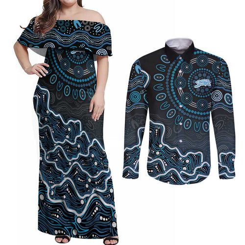 Adelaide Strikers Cricket Mascot Couples Matching Off Shoulder Maxi Dress and Long Sleeve Button Shirt Aboriginal Dot Art Blue And Black Tribal Pattern