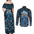 Adelaide Strikers Cricket Mascot Couples Matching Off Shoulder Maxi Dress and Long Sleeve Button Shirt Aboriginal Dot Art Blue And Black Tribal Pattern