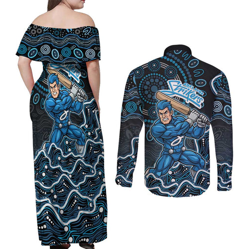 Adelaide Strikers Cricket Mascot Couples Matching Off Shoulder Maxi Dress and Long Sleeve Button Shirt Aboriginal Dot Art Blue And Black Tribal Pattern