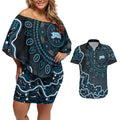 Adelaide Strikers Cricket Mascot Couples Matching Off Shoulder Short Dress and Hawaiian Shirt Aboriginal Dot Art Blue And Black Tribal Pattern