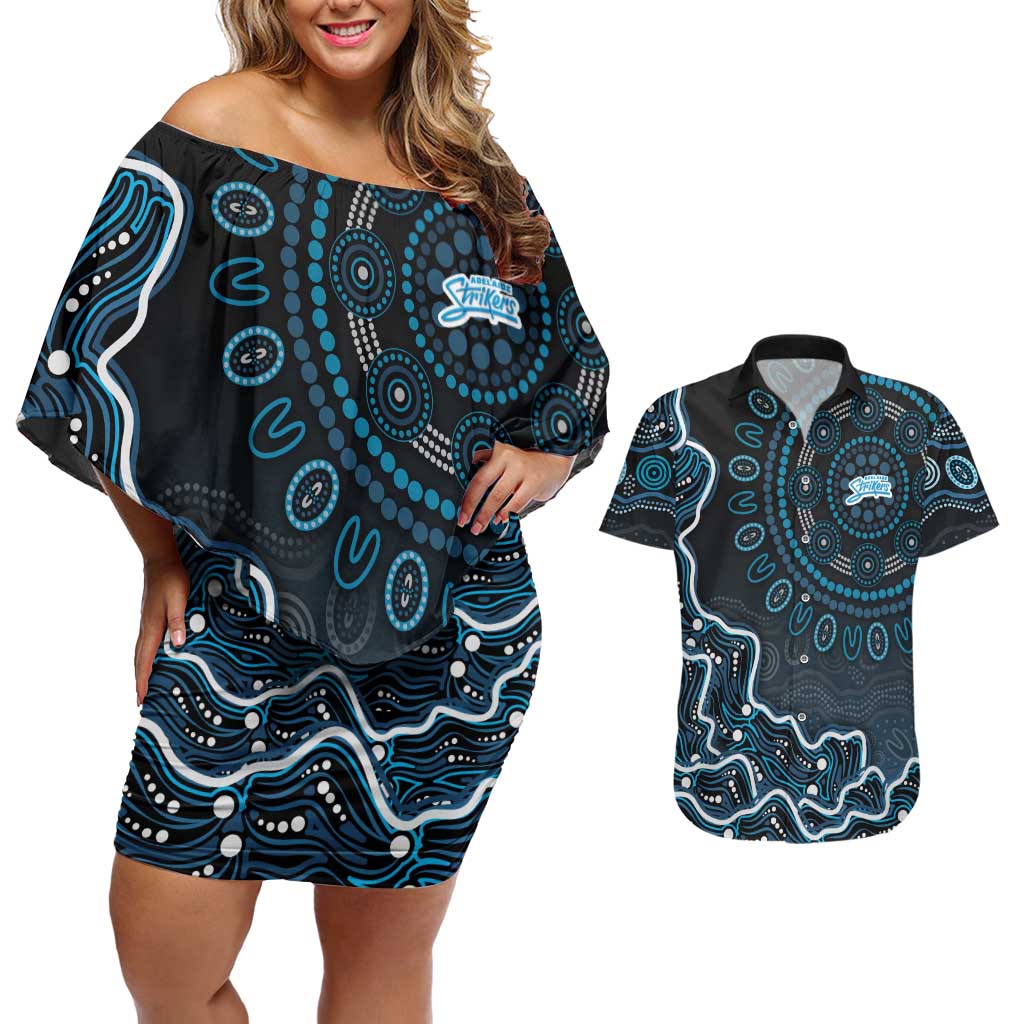 Adelaide Strikers Cricket Mascot Couples Matching Off Shoulder Short Dress and Hawaiian Shirt Aboriginal Dot Art Blue And Black Tribal Pattern