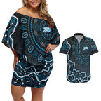 Adelaide Strikers Cricket Mascot Couples Matching Off Shoulder Short Dress and Hawaiian Shirt Aboriginal Dot Art Blue And Black Tribal Pattern