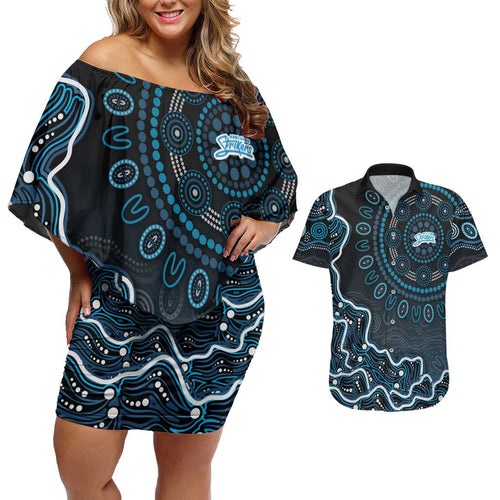 Adelaide Strikers Cricket Mascot Couples Matching Off Shoulder Short Dress and Hawaiian Shirt Aboriginal Dot Art Blue And Black Tribal Pattern