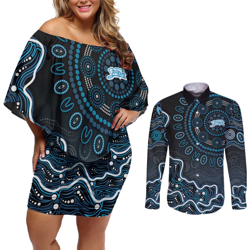 Adelaide Strikers Cricket Mascot Couples Matching Off Shoulder Short Dress and Long Sleeve Button Shirt Aboriginal Dot Art Blue And Black Tribal Pattern