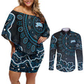 Adelaide Strikers Cricket Mascot Couples Matching Off Shoulder Short Dress and Long Sleeve Button Shirt Aboriginal Dot Art Blue And Black Tribal Pattern