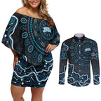Adelaide Strikers Cricket Mascot Couples Matching Off Shoulder Short Dress and Long Sleeve Button Shirt Aboriginal Dot Art Blue And Black Tribal Pattern