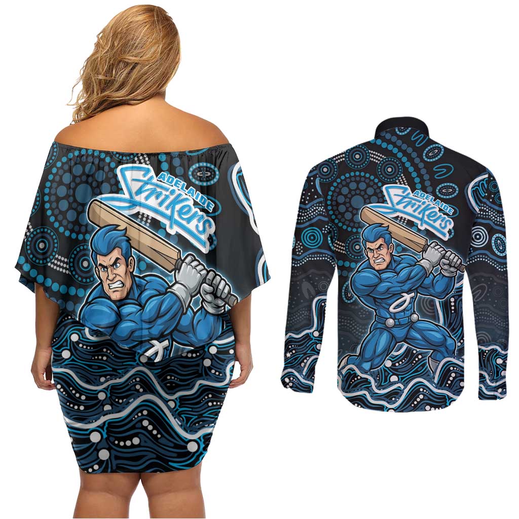 Adelaide Strikers Cricket Mascot Couples Matching Off Shoulder Short Dress and Long Sleeve Button Shirt Aboriginal Dot Art Blue And Black Tribal Pattern