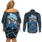 Adelaide Strikers Cricket Mascot Couples Matching Off Shoulder Short Dress and Long Sleeve Button Shirt Aboriginal Dot Art Blue And Black Tribal Pattern