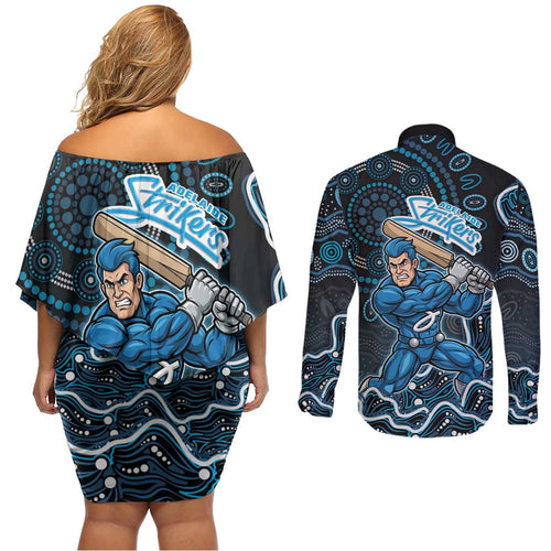 Adelaide Strikers Cricket Mascot Couples Matching Off Shoulder Short Dress and Long Sleeve Button Shirt Aboriginal Dot Art Blue And Black Tribal Pattern