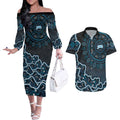 Adelaide Strikers Cricket Mascot Couples Matching Off The Shoulder Long Sleeve Dress and Hawaiian Shirt Aboriginal Dot Art Blue And Black Tribal Pattern