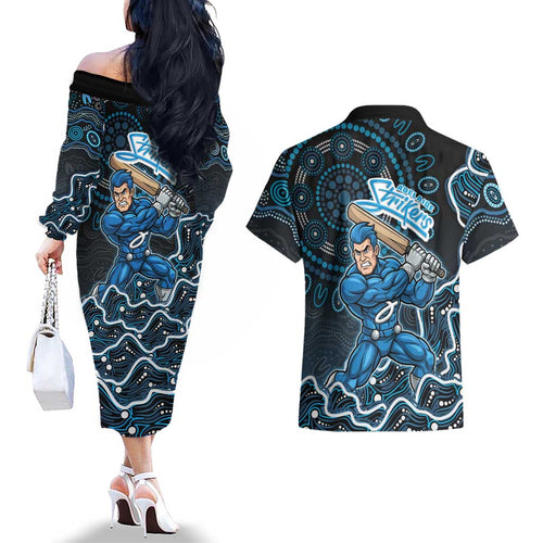 Adelaide Strikers Cricket Mascot Couples Matching Off The Shoulder Long Sleeve Dress and Hawaiian Shirt Aboriginal Dot Art Blue And Black Tribal Pattern