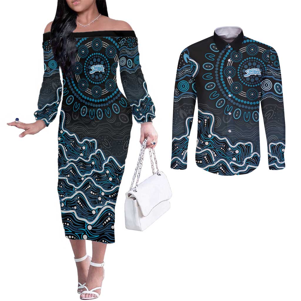 Adelaide Strikers Cricket Mascot Couples Matching Off The Shoulder Long Sleeve Dress and Long Sleeve Button Shirt Aboriginal Dot Art Blue And Black Tribal Pattern