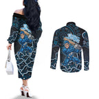 Adelaide Strikers Cricket Mascot Couples Matching Off The Shoulder Long Sleeve Dress and Long Sleeve Button Shirt Aboriginal Dot Art Blue And Black Tribal Pattern