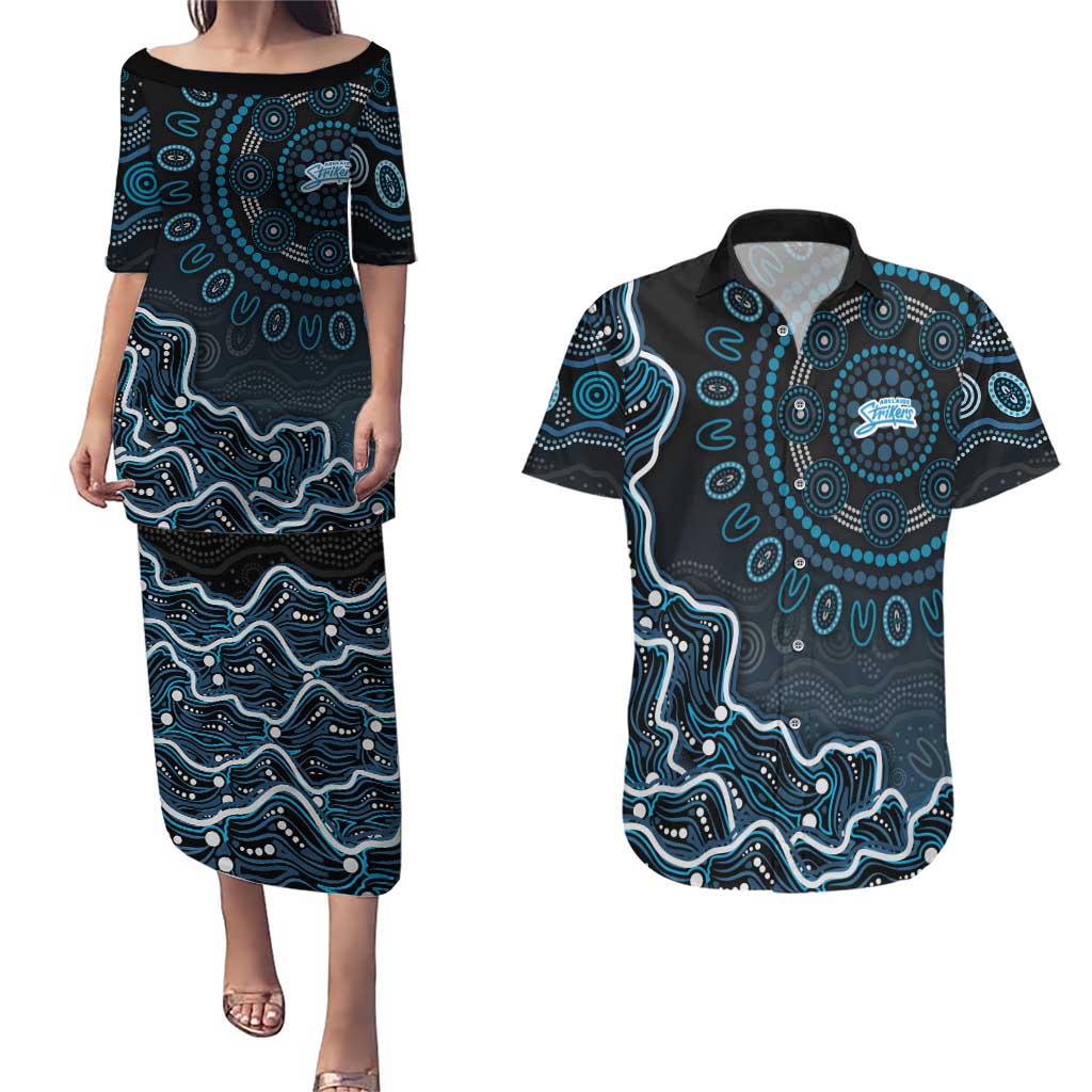 Adelaide Strikers Cricket Mascot Couples Matching Puletasi and Hawaiian Shirt Aboriginal Dot Art Blue And Black Tribal Pattern