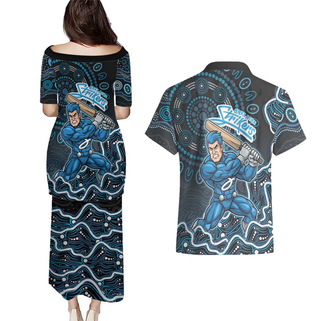 Adelaide Strikers Cricket Mascot Couples Matching Puletasi and Hawaiian Shirt Aboriginal Dot Art Blue And Black Tribal Pattern