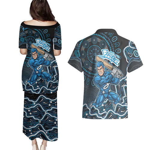 Adelaide Strikers Cricket Mascot Couples Matching Puletasi and Hawaiian Shirt Aboriginal Dot Art Blue And Black Tribal Pattern